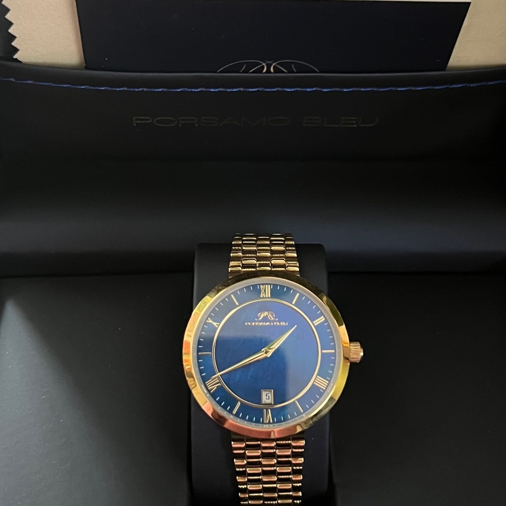 Porsamo Blue Women’s Gold Watch with Blue Pearlescent Face